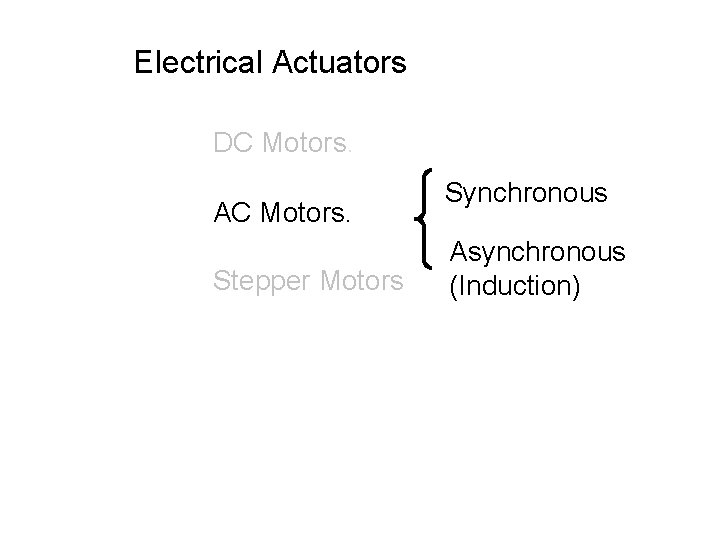 Electrical Actuators DC Motors. AC Motors. Stepper Motors Synchronous Asynchronous (Induction) 