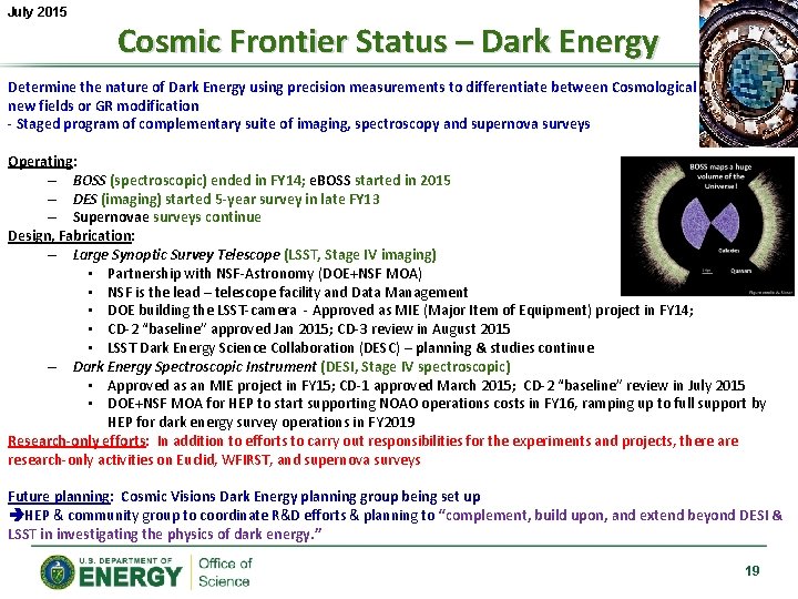 July 2015 Cosmic Frontier Status – Dark Energy Determine the nature of Dark Energy
