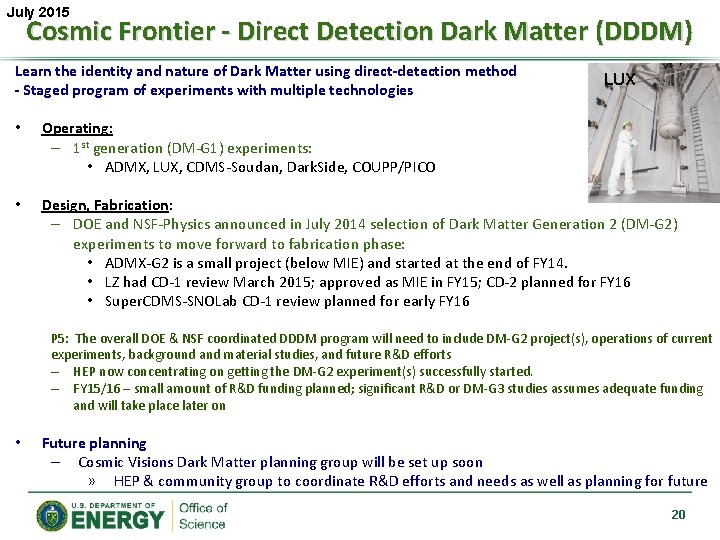 July 2015 Cosmic Frontier - Direct Detection Dark Matter (DDDM) Learn the identity and