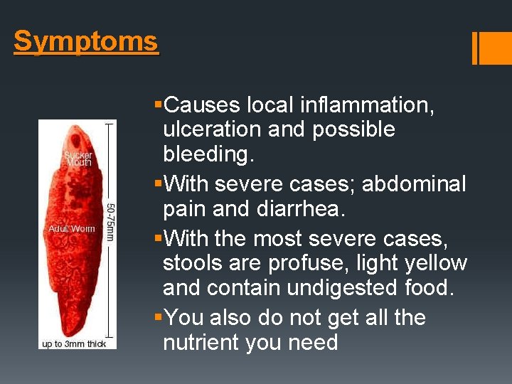Symptoms §Causes local inflammation, ulceration and possible bleeding. §With severe cases; abdominal pain and Symptoms §Causes local inflammation, ulceration and possible bleeding. §With severe cases; abdominal pain and