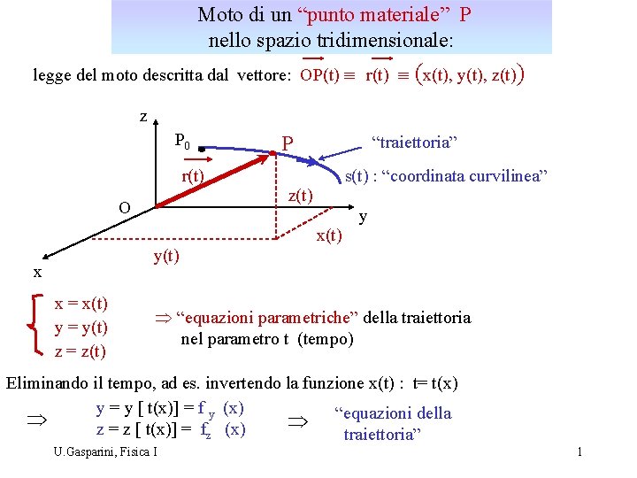 Moto di un “punto materiale” P nello spazio tridimensionale: legge del moto descritta dal