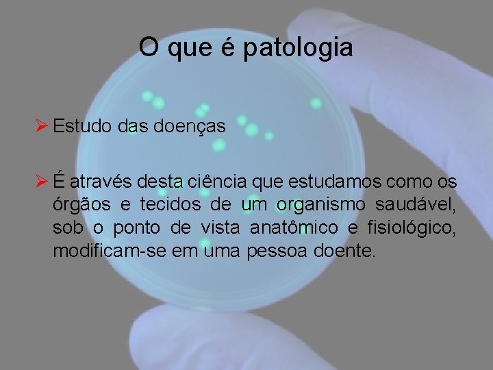 O que é patologia Ø Estudo das doenças Ø É através desta ciência que