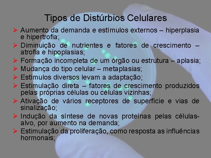 Tipos de Distúrbios Celulares Ø Aumento da demanda e estímulos externos – hiperplasia e