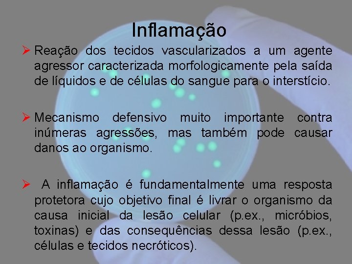 Inflamação Ø Reação dos tecidos vascularizados a um agente agressor caracterizada morfologicamente pela saída