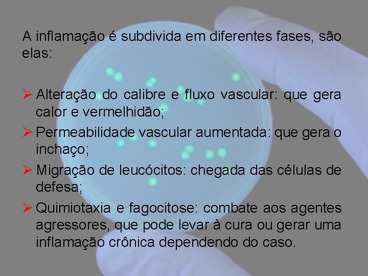 A inflamação é subdivida em diferentes fases, são elas: Ø Alteração do calibre e