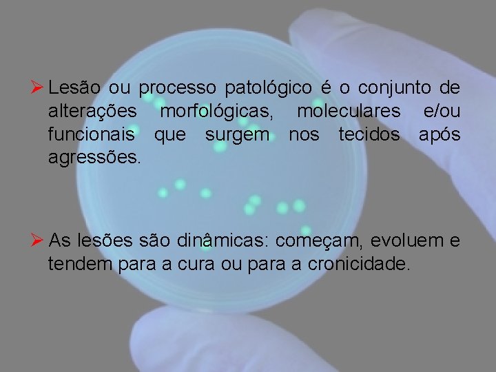 Ø Lesão ou processo patológico é o conjunto de alterações morfológicas, moleculares e/ou funcionais