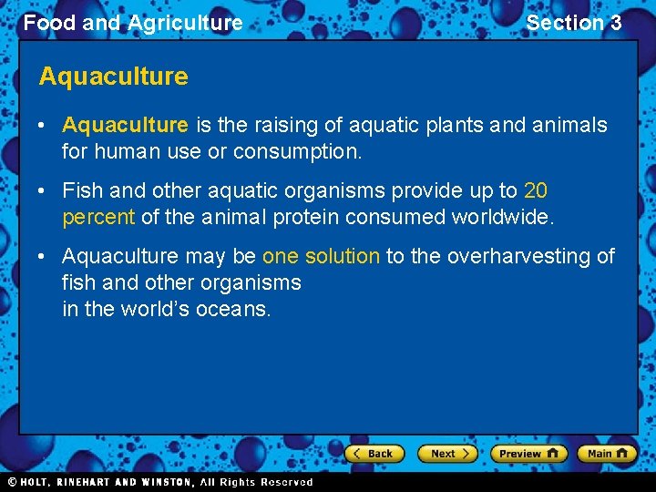 Food and Agriculture Section 3 Aquaculture • Aquaculture is the raising of aquatic plants