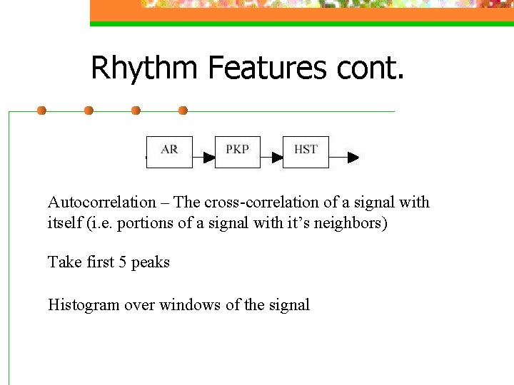 Rhythm Features cont. Autocorrelation – The cross-correlation of a signal with itself (i. e.