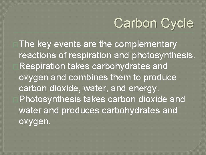Carbon Cycle �The key events are the complementary reactions of respiration and photosynthesis. �Respiration Carbon Cycle �The key events are the complementary reactions of respiration and photosynthesis. �Respiration