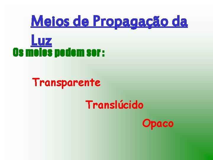 Meios de Propagação da Luz Os meios podem ser : Transparente Translúcido Opaco 