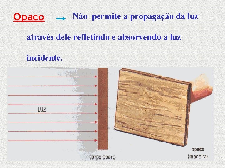 Opaco Não permite a propagação da luz através dele refletindo e absorvendo a luz