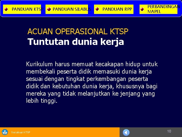 PANDUAN KTSP PANDUAN SILABUS PANDUAN RPP PERBANDINGAN MAPEL ACUAN OPERASIONAL KTSP Tuntutan dunia kerja