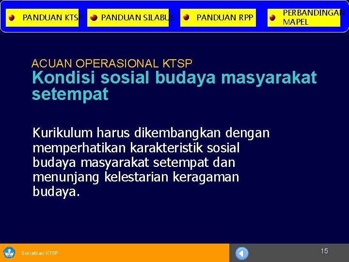 PANDUAN KTSP PANDUAN SILABUS PANDUAN RPP PERBANDINGAN MAPEL ACUAN OPERASIONAL KTSP Kondisi sosial budaya