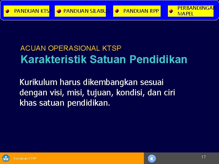 PANDUAN KTSP PANDUAN SILABUS PANDUAN RPP PERBANDINGAN MAPEL ACUAN OPERASIONAL KTSP Karakteristik Satuan Pendidikan