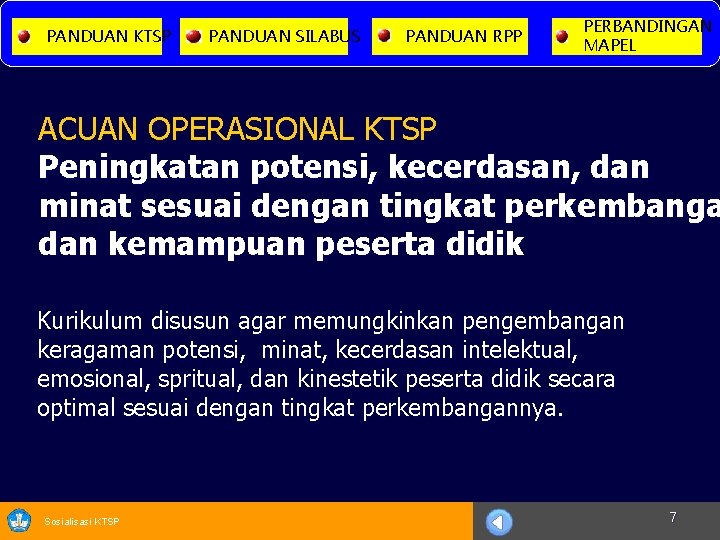 PANDUAN KTSP PANDUAN SILABUS PANDUAN RPP PERBANDINGAN MAPEL ACUAN OPERASIONAL KTSP Peningkatan potensi, kecerdasan,