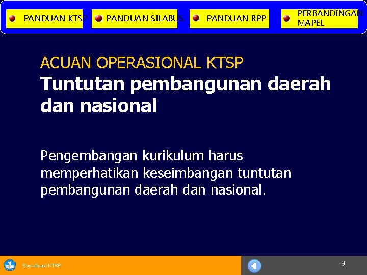 PANDUAN KTSP PANDUAN SILABUS PANDUAN RPP PERBANDINGAN MAPEL ACUAN OPERASIONAL KTSP Tuntutan pembangunan daerah