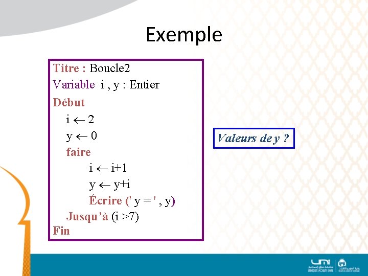 Exemple Titre : Boucle 2 Variable i , y : Entier Début i y