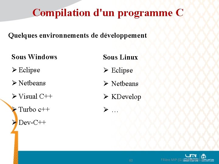 Compilation d'un programme C Quelques environnements de développement Sous Windows Sous Linux Ø Eclipse