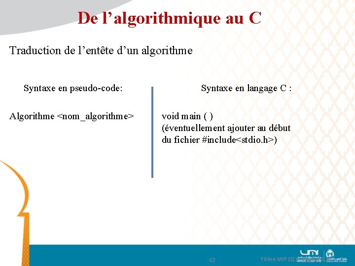 De l’algorithmique au C Traduction de l’entête d’un algorithme Syntaxe en pseudo-code: Algorithme <nom_algorithme>
