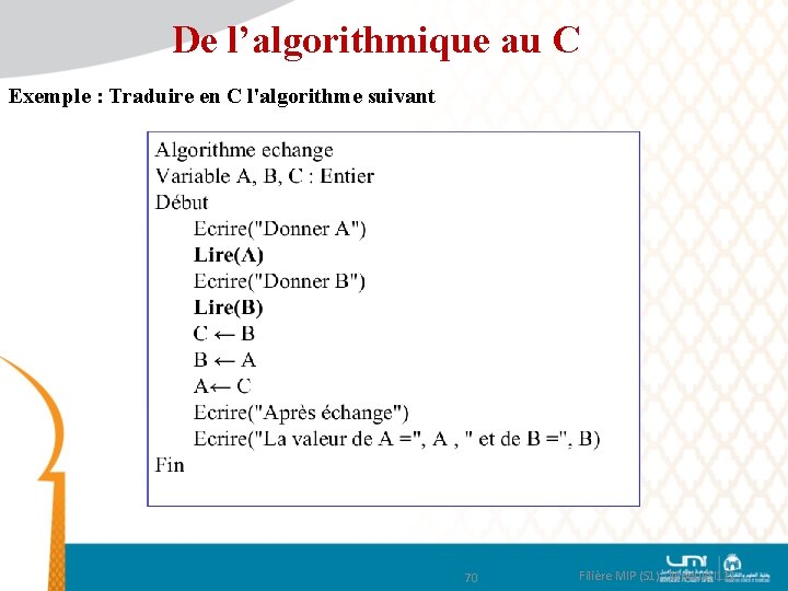 De l’algorithmique au C Exemple : Traduire en C l'algorithme suivant 70 Filière MIP