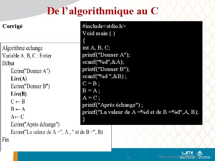 De l’algorithmique au C Corrigé #include<stdio. h> Void main ( ) { int A,