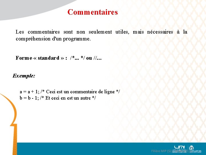 Commentaires Les commentaires sont non seulement utiles, mais nécessaires à la compréhension d'un programme.