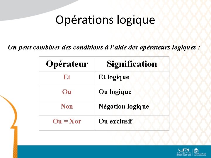 Opérations logique On peut combiner des conditions à l’aide des opérateurs logiques : Opérateur