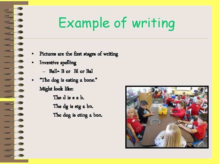 Example of writing • Pictures are the first stages of writing • Inventive spelling