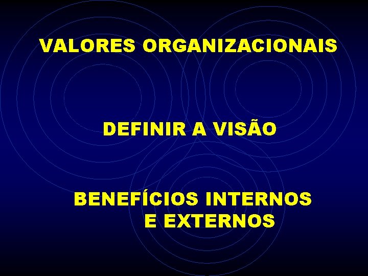 VALORES ORGANIZACIONAIS DEFINIR A VISÃO BENEFÍCIOS INTERNOS E EXTERNOS 