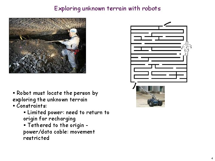 Exploring unknown terrain with robots § Robot must locate the person by exploring the