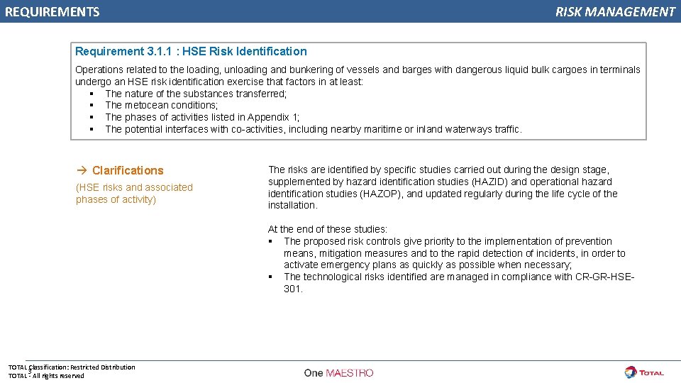 REQUIREMENTS RISK MANAGEMENT Requirement 3. 1. 1 : HSE Risk Identification Operations related to