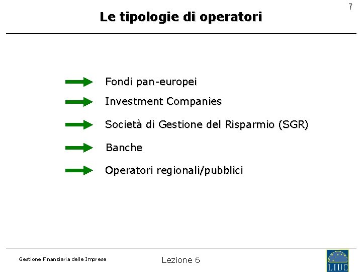 Le tipologie di operatori Fondi pan-europei Investment Companies Società di Gestione del Risparmio (SGR)