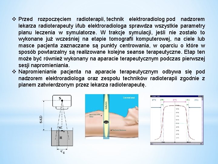 v Przed rozpoczęciem radioterapii, technik elektroradiolog pod nadzorem lekarza radioterapeuty i/lub elektroradiologa sprawdza wszystkie