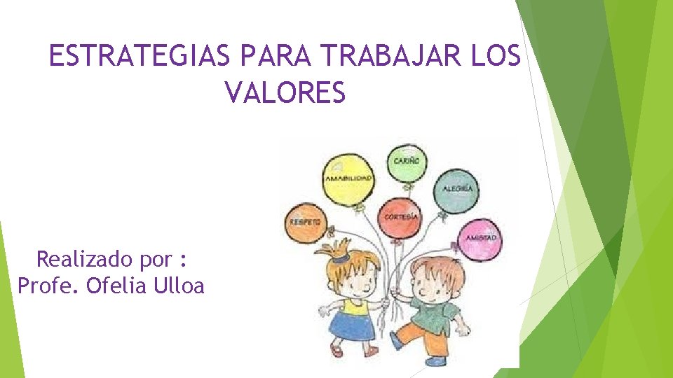ESTRATEGIAS PARA TRABAJAR LOS VALORES Realizado por : Profe. Ofelia Ulloa 