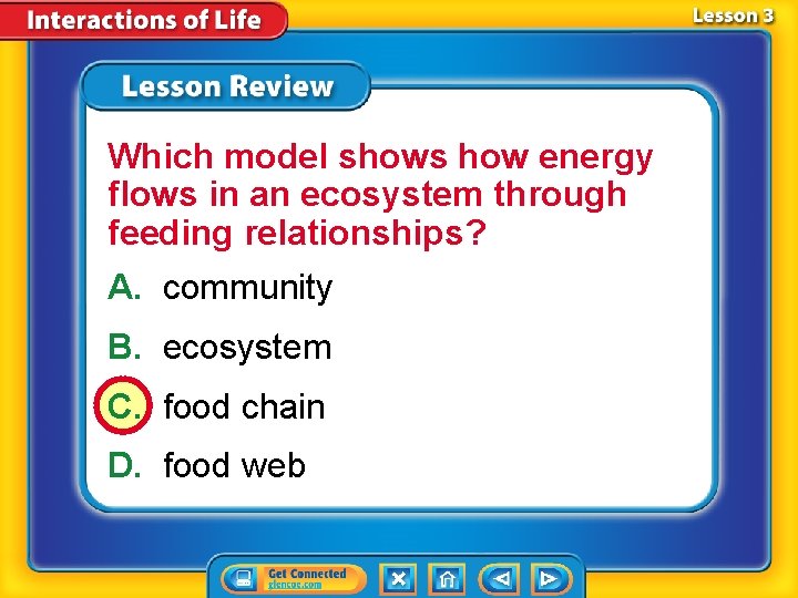 Which model shows how energy flows in an ecosystem through feeding relationships? A. community