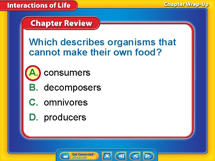 Which describes organisms that cannot make their own food? A. consumers B. decomposers C.