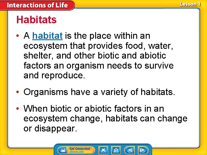 Habitats • A habitat is the place within an ecosystem that provides food, water,