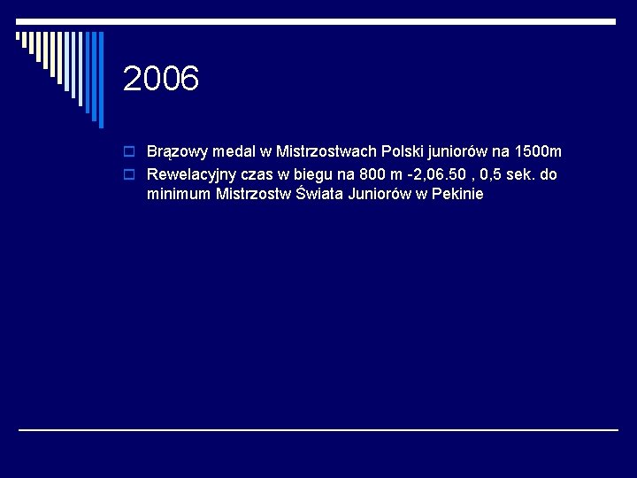 2006 o Brązowy medal w Mistrzostwach Polski juniorów na 1500 m o Rewelacyjny czas