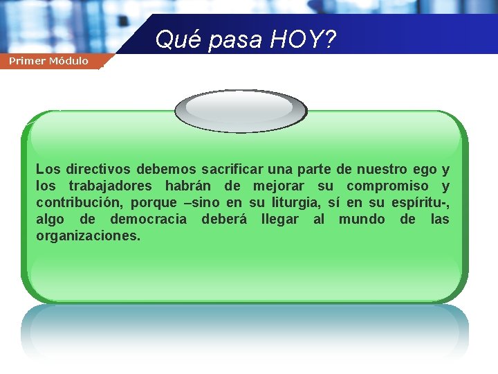 Qué pasa HOY? Yo Primer Soy Gerente Módulo Company name Los directivos debemos sacrificar