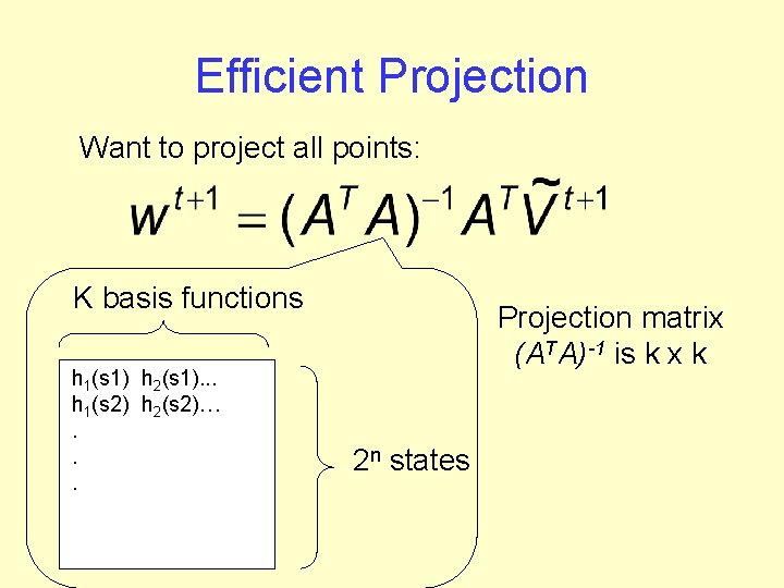 Efficient Projection Want to project all points: K basis functions h 1(s 1) h