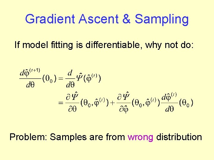 Gradient Ascent & Sampling If model fitting is differentiable, why not do: Problem: Samples