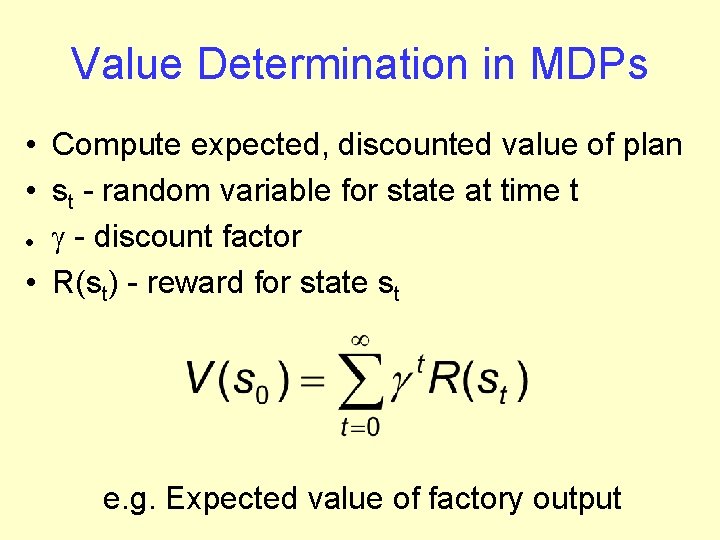 Value Determination in MDPs • Compute expected, discounted value of plan • st -