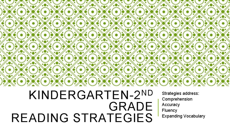 KINDERGARTEN-2 ND GRADE READING STRATEGIES Strategies address: Comprehension Accuracy Fluency Expanding Vocabulary 