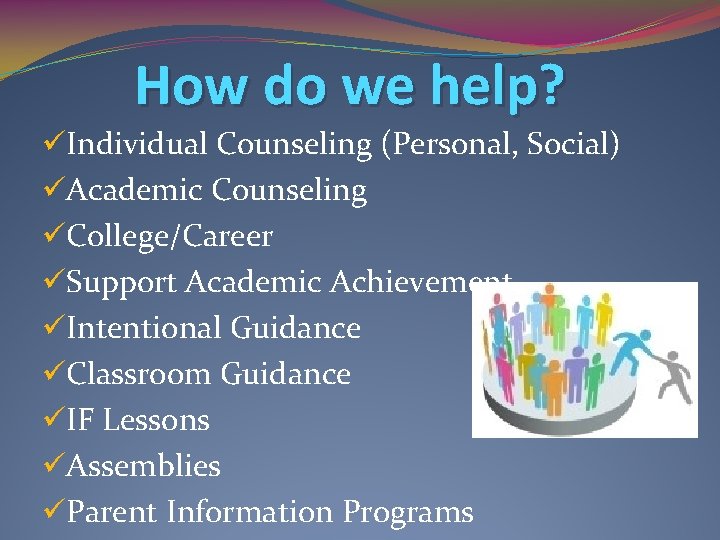 How do we help? üIndividual Counseling (Personal, Social) üAcademic Counseling üCollege/Career üSupport Academic Achievement