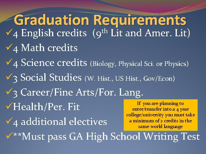 Graduation Requirements th ü 4 English credits (9 Lit and Amer. Lit) ü 4