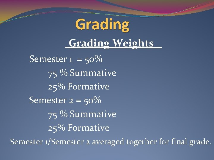 Grading Weights Semester 1 = 50% 75 % Summative 25% Formative Semester 2 =