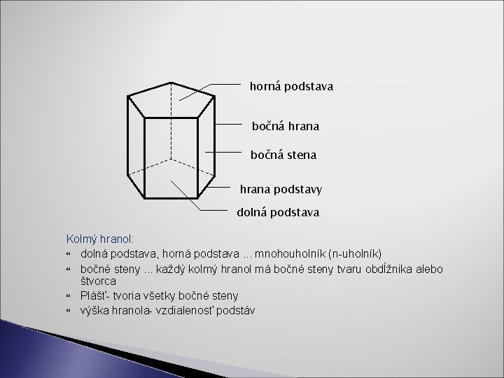 horná podstava bočná hrana bočná stena hrana podstavy dolná podstava Kolmý hranol: dolná podstava,