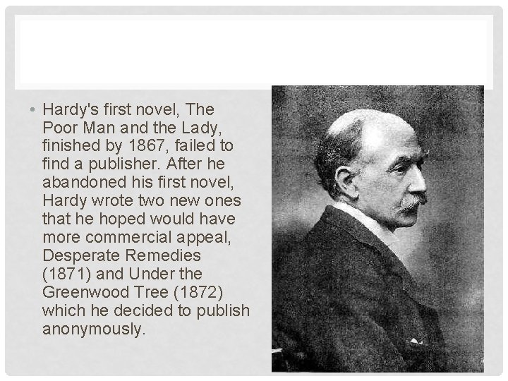  • Hardy's first novel, The Poor Man and the Lady, finished by 1867,