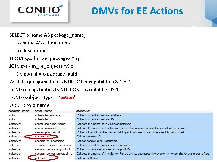 DMVs for EE Actions SELECT p. name AS package_name, o. name AS action_name, o. DMVs for EE Actions SELECT p. name AS package_name, o. name AS action_name, o.