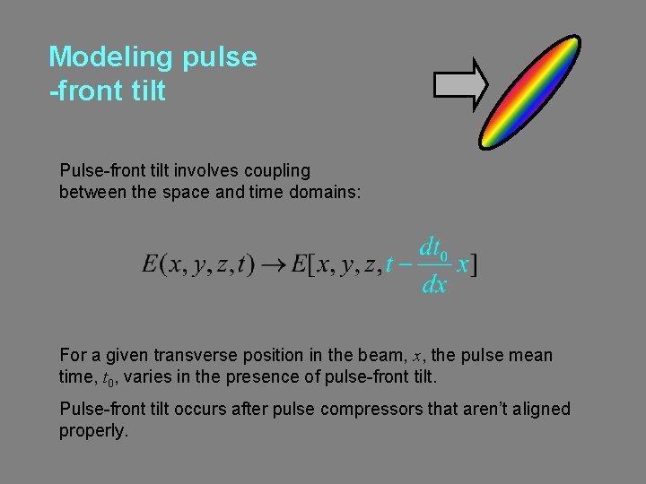 Modeling pulse -front tilt Pulse-front tilt involves coupling between the space and time domains: